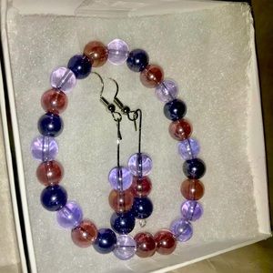 MULTI COLORED PURPLE GLASS BEADED BRACELET AND EARRINGS SET